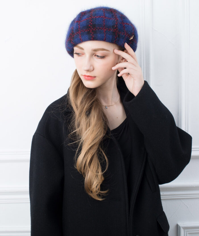 格紋仿兔毛畫家帽-女