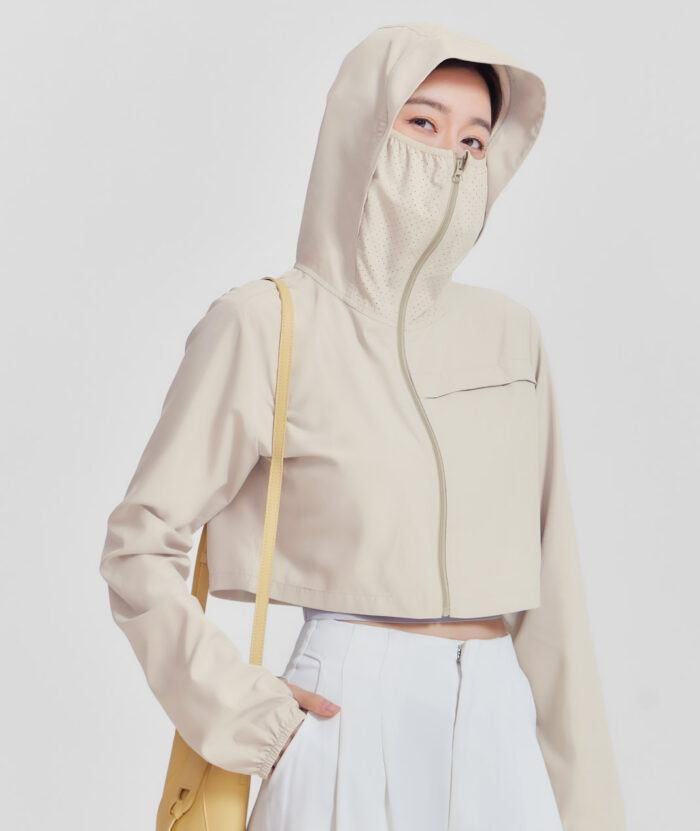 抗UV-Suptex清涼透氣口罩連帽短版外套-女 - 奶茶色#13, L