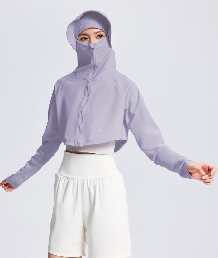抗UV-Apex涼感排汗全護口罩連帽外套-女 - 灰霧紫#73, L