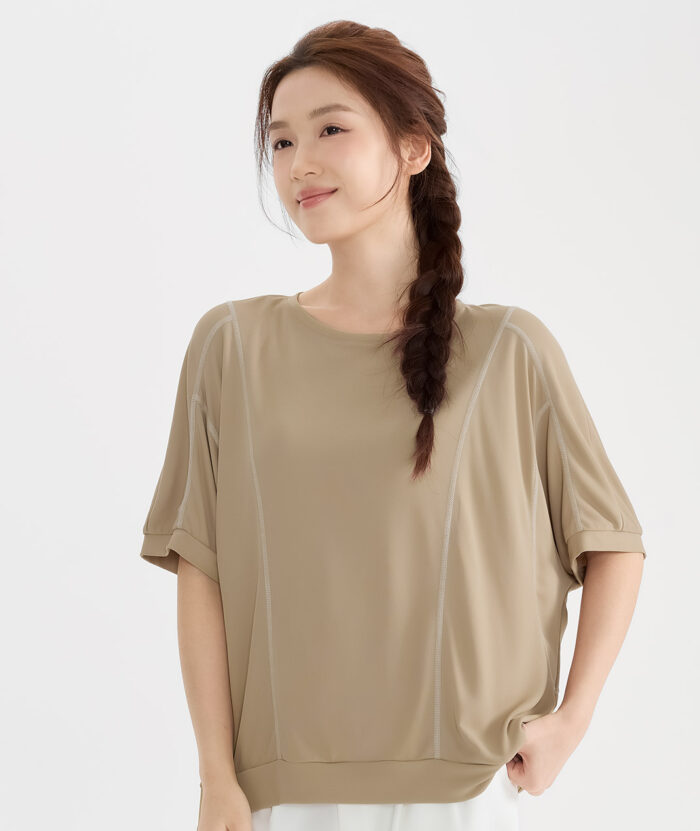 抗UV-涼感圓領連袖寬鬆撞色爬線上衣-女