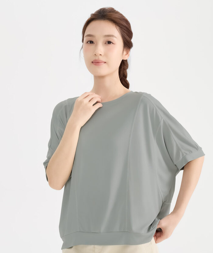 抗UV-涼感圓領連袖寬鬆撞色爬線上衣-女