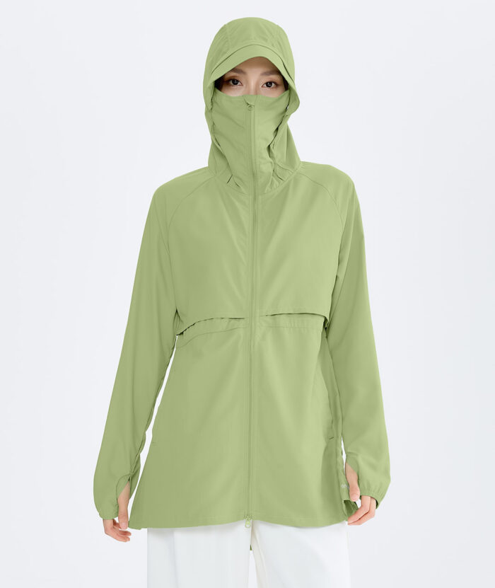 抗UV-Suptex清涼口罩連帽長外套-帽簷可拆 - 抹茶綠#55, L