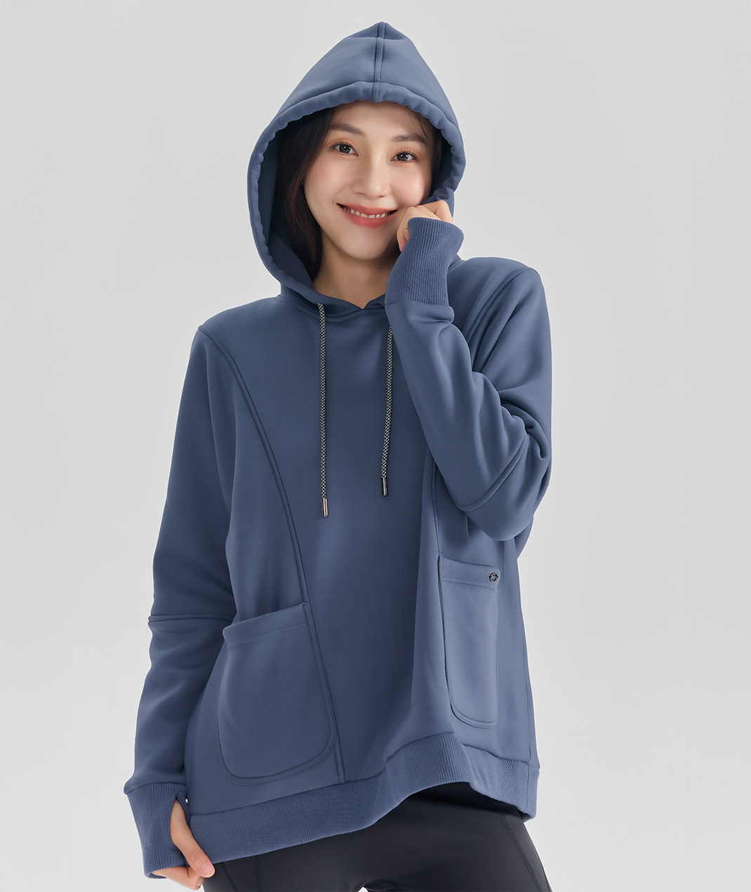 科技羊毛遠紅防風暖絨長版口袋連帽T-女