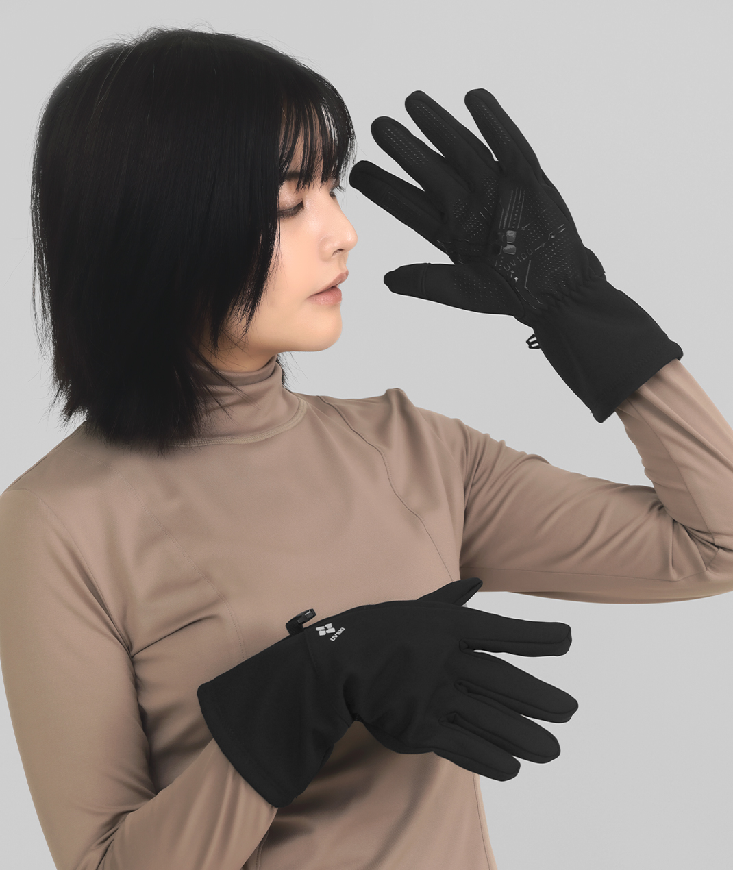 高透濕防風軟殼刷毛中長觸控保暖手套-女